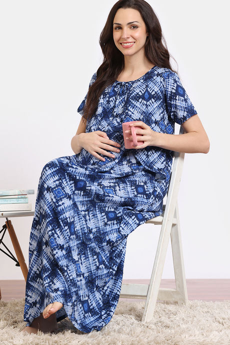 Coucou Maternity Woven Full Length Nightdress With Front Zipper And Discreet Feeding - Classic Blue — image 4